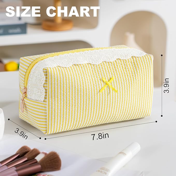 Makeup Bag Travel Toiletry Bag for Women, Small Cosmetic Bags with Lace Trim Cute Yellow Stripe Aesthetic Organizer Makeup Pouch for Purse Emergency Bag Pencil Case Accessory Bag - Image 3