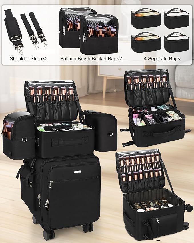 Relavel Rolling Makeup Case Professional Makeup Train Case, Rolling Makeup Kit Bag Makeup Artist Travel Bag with Wheels, 4-in-1 Portable Travel Beauty Trolley Case for Cosmetology Storage(Black) - Image 5