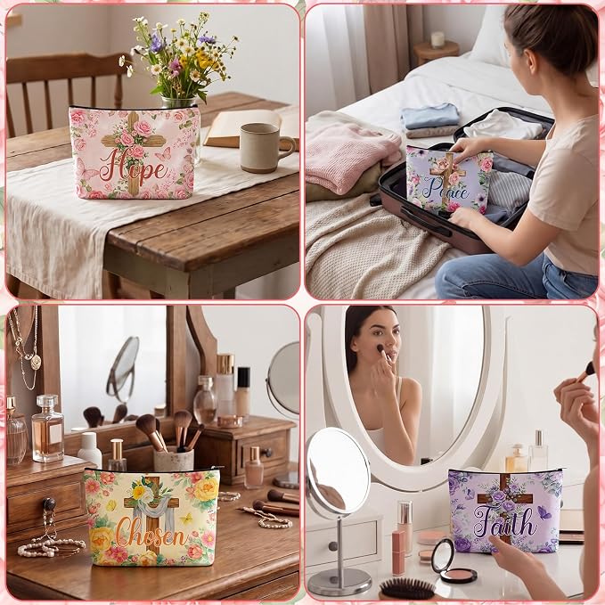 Sweetude 24 Pcs Religious Makeup Bag Bulk Christian Flower Cross Portable Travel Cosmetic Bags with Zipper Cross Waterproof Roomy Travel Toiletry Organizer Storage Beauty Pouch for Women Gifts - Image 5