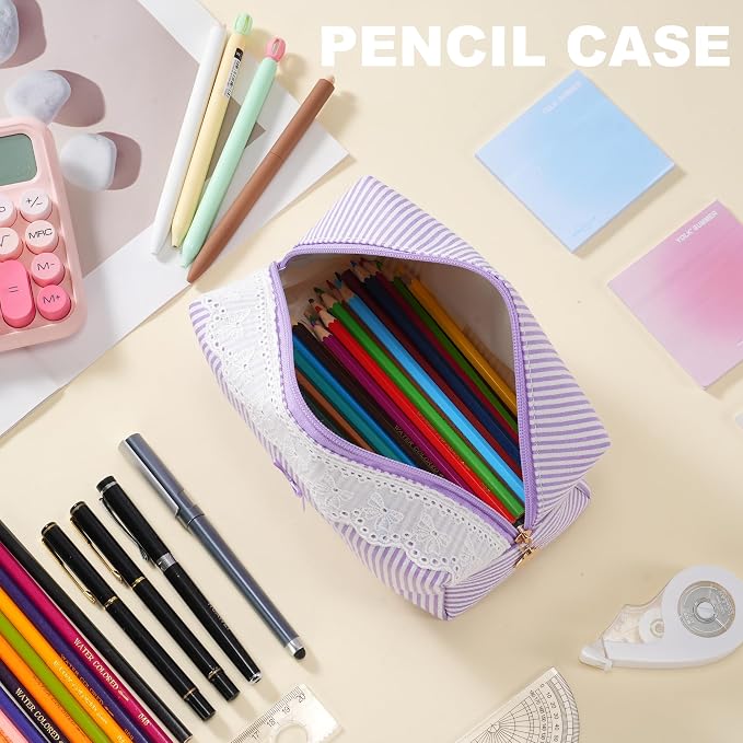 Makeup Bag Travel Toiletry Bag for Women, Small Cosmetic Bags with Lace Trim Cute Purple Stripe Aesthetic Organizer Makeup Pouch for Purse Emergency Bag Pencil Case Accessory Bag - Image 7