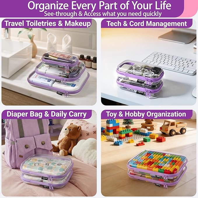 YQBRAO 3-Pack Large Clear Hard Shell Zipper Case, 1.2mm Ultra-Thick Rigid Toy & Closet Organizer, Heavy-Duty Diaper Bag Pouch Set with YKK Zippers, Waterproof Travel Storage (Purple) - Image 3