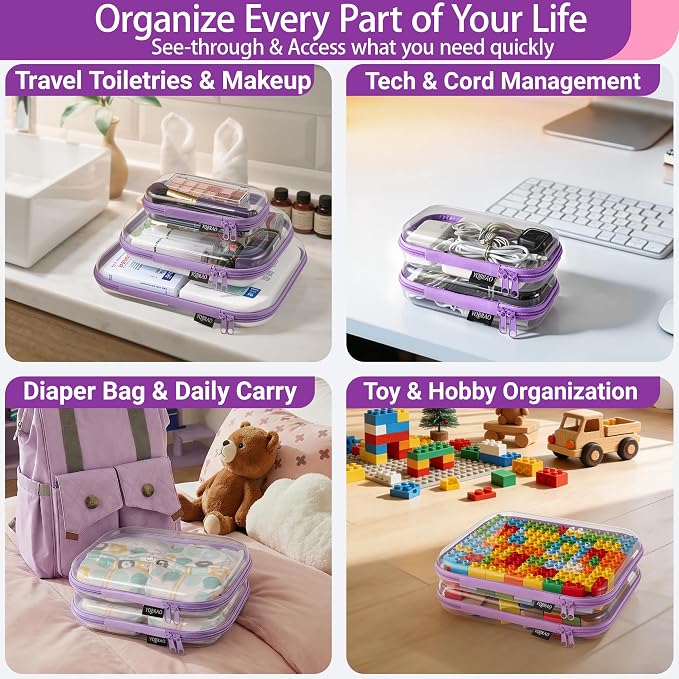 6 Pack Purple Clear Hard Shell Beauty Organizer (2M+4S), 1.2mm Heavy Duty Crush-Proof Cosmetic Case, Reinforced YKK Zippers, Stadium Approved Security Bag for Skincare & Electronics, Multi-Size Set - Image 3