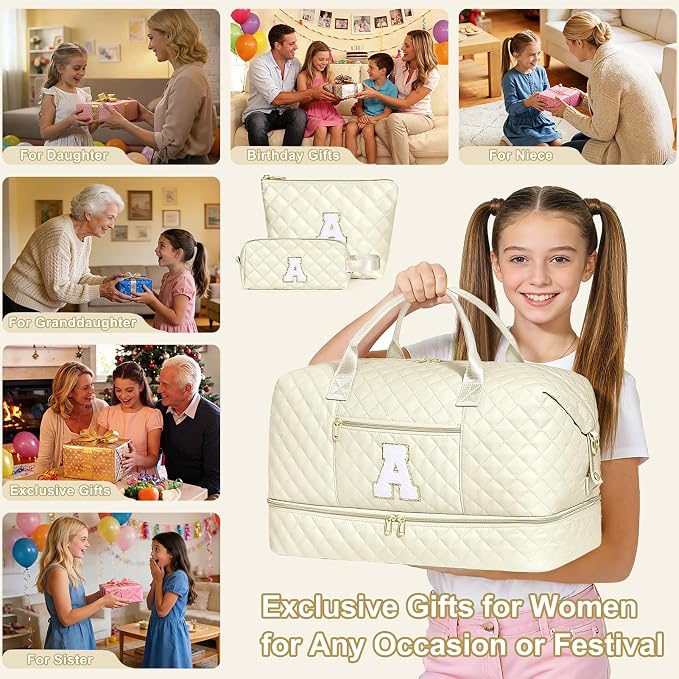 Graduation Birthday Gift for Her, Personalized Initial Weekender Bag for Women 45L Travel Duffle Carry On Quilted, 3PCS Overnight with Cosmetic & Toiletry Bag, Shoe Compartment, Gym Dance Bag for Girl - Image 8