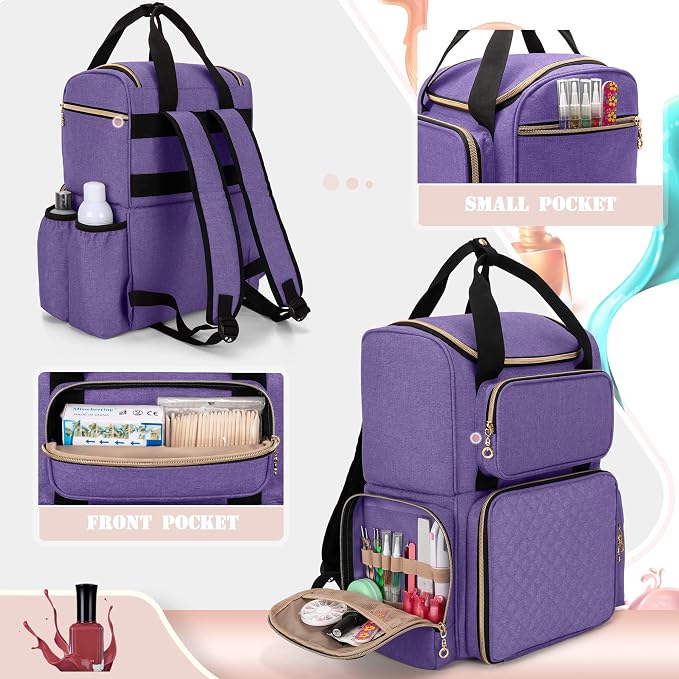 LUXJA Nail Polish Organizer Backpack Holds 70 Bottles and a UV Lamp | Travel Nail Bag with 2 Removable Cases, Ample Tools Storage Pockets, Adjustable Shoulder Straps, Trolley Sleeve, Purple - Image 4