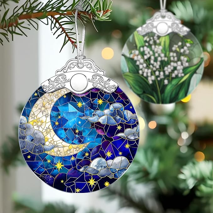 Moon and Star Stained Glass Ornament, Christmas Ornaments – Christmas Tree Decorations, Holiday Decor, Stocking Stuffer, Gift Idea, Gifts for Astronomy Lover, Friend, and Family