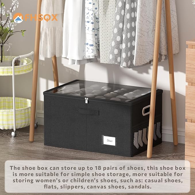 2 Pack Shoe Organizer for Closet Large Shoe Box Storage Containers with Clear Window Space Saving Shoe Bin with Foldable Bottom Support Adjustable Dividers Fits 36 Pairs (Black, (24.4*16.5*13inch)x2) - Image 4