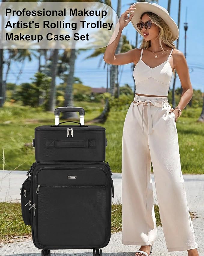 Relavel Rolling Makeup Case Professional Makeup Train Case, Makeup Artist Travel Bag with Wheels, 3-in-1 Portable Travel Beauty Trolley Case for Cosmetology Storage (Black) - Image 7