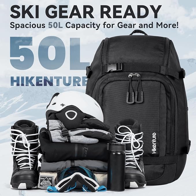 Hikenture Ski Boot Bag Backpack, 50L Padded Ski Bag & Snowboard Boot Bag with Drain Holes, Large Capacity Water-Resistant Ski Travel Bag for Ski Boots, Helmet, Goggles, Clothes, Gloves, Snowboard Gear - Image 2