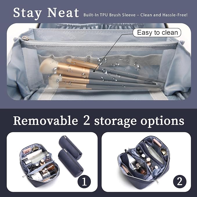 BOYATU Travel Makeup Bags for Women: Large Capacity Make up Bag with Wide Opening - 3 Pcs Set Waterproof Travel Toiletry Organizer for Full-Sized Bottles, Cosmetics & Brushes (Blue-W) - Image 4