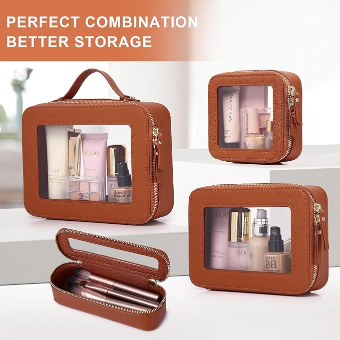 Pinkmik Clear Makeup Bag with Brush Bag 2pcs Waterproof Travel Case for Cosmetics and Toiletries Women's Cosmetic Organizer with Zipper (X/Brown, L+SLIM) - Image 7