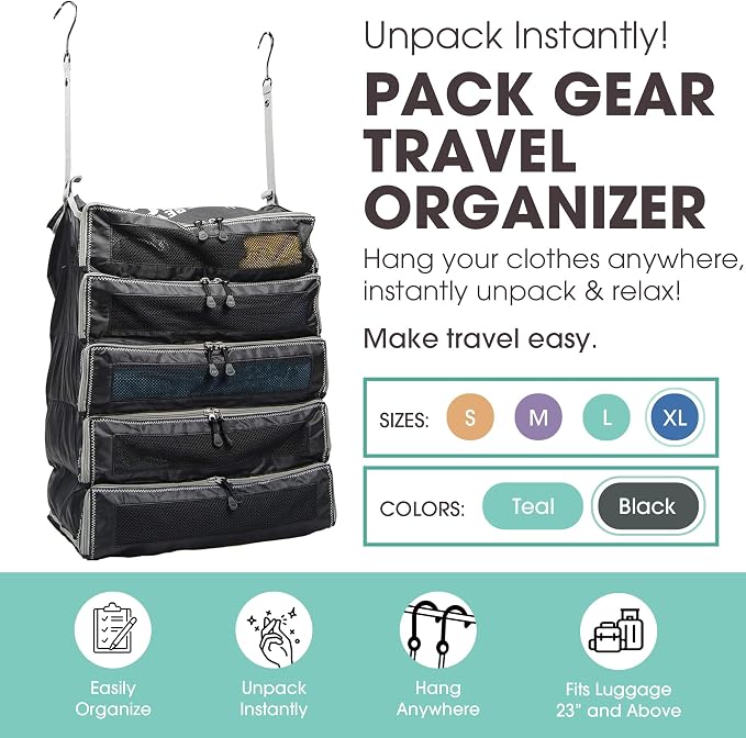 Pack Gear Hanging Suitcase Organizer - Our XL Hanging Luggage Organizer Perfectly Fits Any Suitcase - Our Packing Cubes For Travel Use Mesh Windows to Make Finding Any Outfit Easy (Black, XL) - Image 3
