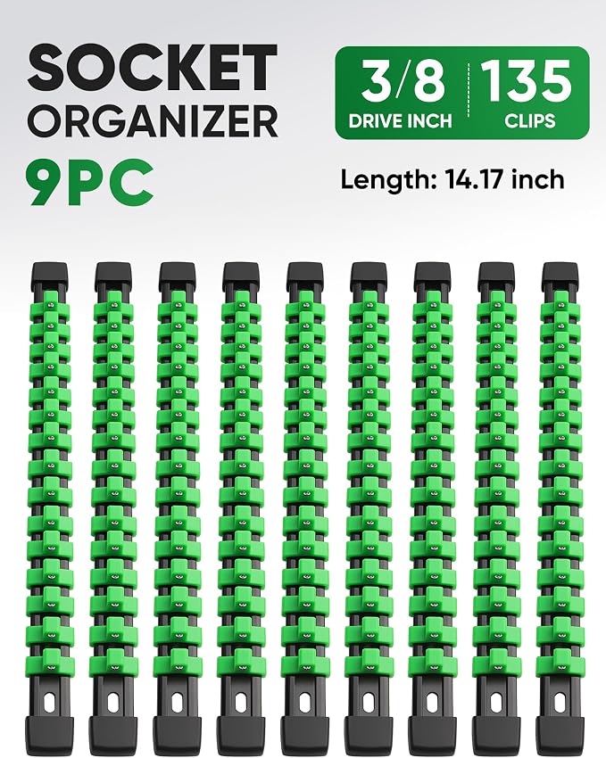 ALOANES 9PC ABS Socket Organizer, Socket Rails Fit 3/8 inch Drive | Portable Heavy Duty Socket Holders Hold up 135 Sockets for Mechanics Toolbox Drawer Bags(Green) - Image 2