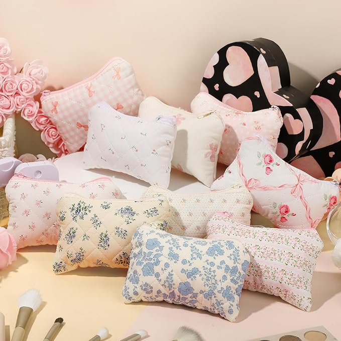 Paterr 10 Pcs Quilted Makeup Bag Bulk Cotton Floral Cosmetic Bag Women Girls Bridesmaid Gifts Cute Makeup Pouch Coquette Aesthetic Travel Toiletry Organizer(Bow Floral,6.30 x 3.94 Inches) - Image 7