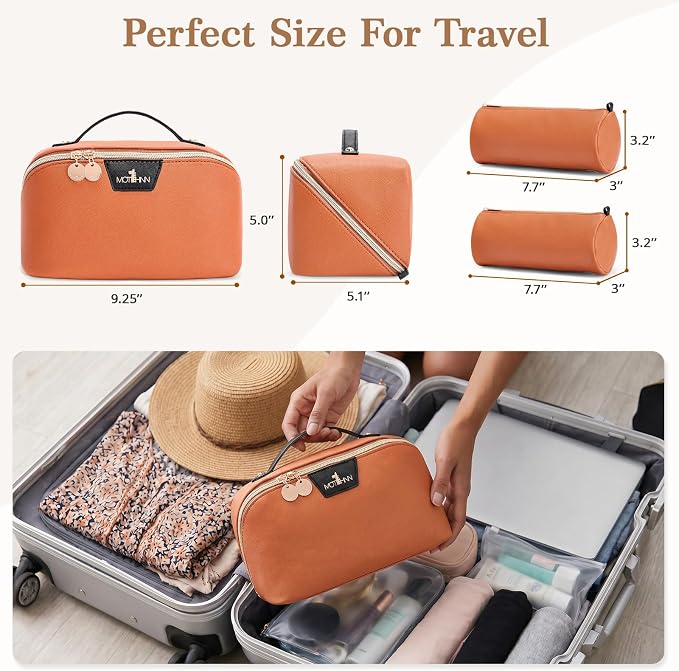 Travel Makeup Bag for Women: 3-in-1 Large Capacity Cosmetics Organizer with 2 Detachable Pouch - Vegan Leather Flat Open Toiletry Bag - Travel Essentials for Full-Sized Bottles(Orange) - Image 5