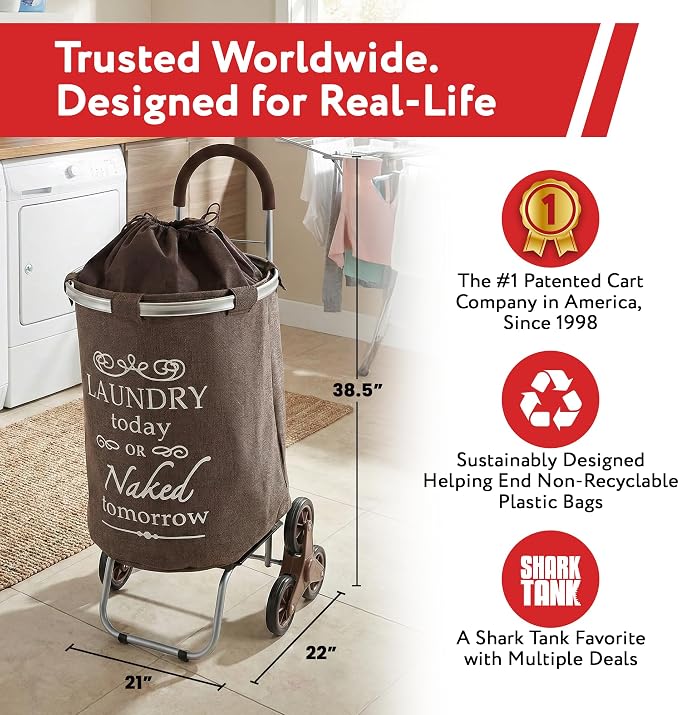 dbest products Stair Climber Laundry Trolley Dolly, Brown Laundry Bag Hamper Basket cart with wheels sorter - Image 3