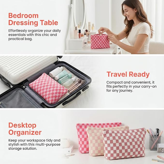 24 PACK Checkered Makeup Bag-Bulk Bridesmaid Proposal Gifts Makeup Pouch for Wedding Party Favors Bachelorette Party Decorations Travel Toiletry Organizer For Women Cosmetic Case Mon Gift(24, Pink) - Image 6