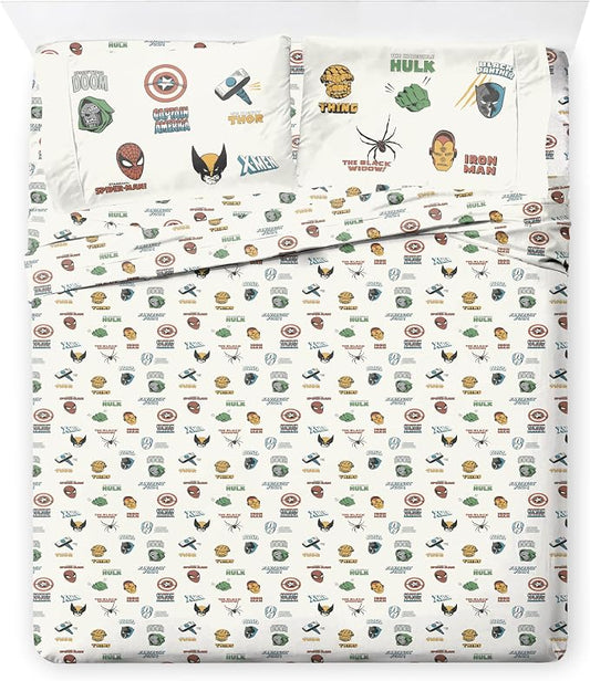 Jay Franco Kids Sheet Set with Fitted, Flat Sheets & Pillow Cover - Ultra-Soft Bedding with Pillowcase for Room Decor, White - Marvel Comics, 4 Piece Full by JayFranco