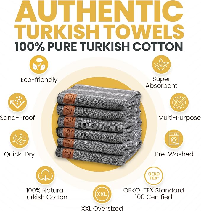Gold CASE LYCIA Turkish Beach Towel Set of 6 – 100% Cotton Turkish Beach Towels Bulk 70 x 38'' – LYCIA Oversized, Quick Dry & Sand Free Beach Towel – Lightweight Towels Set in Black - Image 4