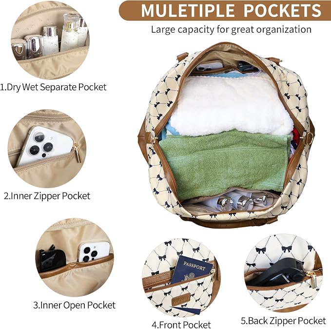 Wogarl 3PCS Weekender Bags for Women Large Overnight Bag Weekend Travel Duffel Bag Carry on Shoulder with Shoe Compartment Canvas Toiletry Bag for Travel Business Gym,Cream Bow - Image 2