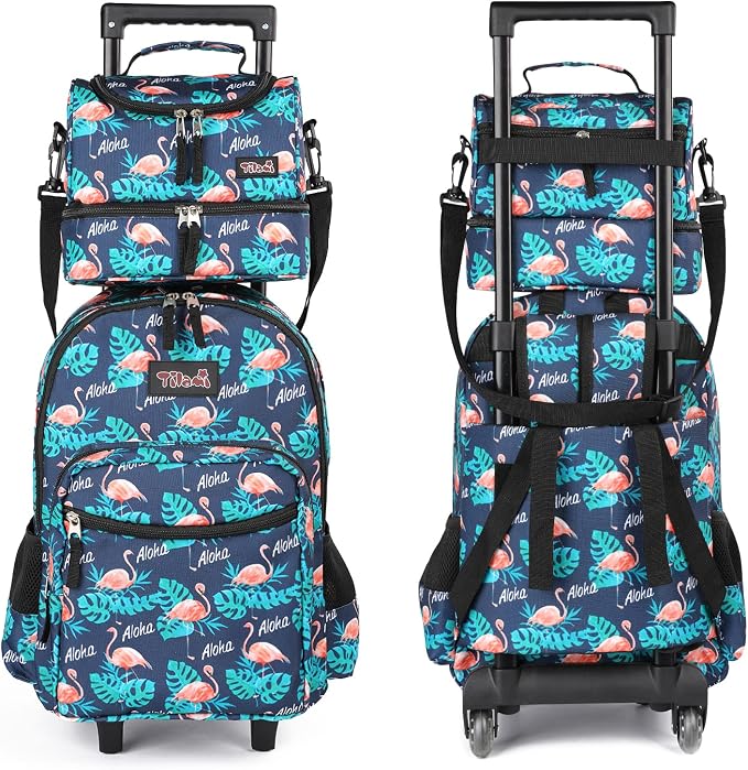 Tilami Rolling Backpack 18 inch Double Handle with Lunch Bag Wheeled Kids Backpack, Flamingo Black - Image 2