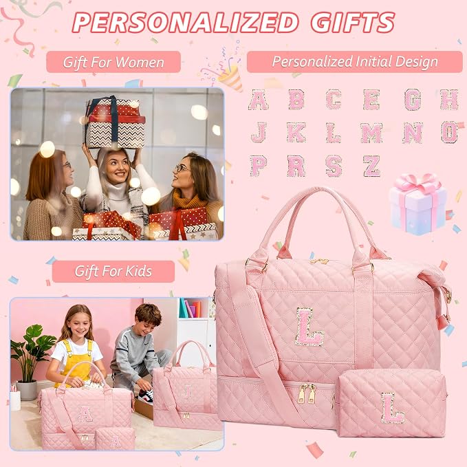 Gifts for Women Girls Initial Travel Duffle Bag Quilted Weekender Carry-On Overnight with Cosmetic Bag, Gym Bag with Shoe Compartment Hospital Bag for Labor Delivery, Pink L - Image 3