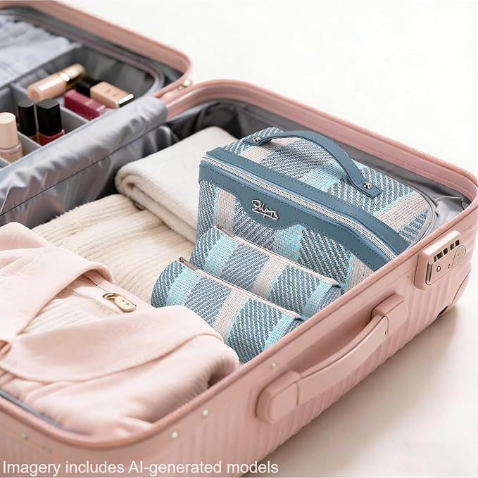 BOYATU Travel Makeup Bag Cosmetic Bag for Women: 3 Pcs Set Make up Bag with Compartments - Waterproof Vegan Leather Toiletry Bags with Handle - Makeup Organizer for Travel Essentials(C-1-Blue) - Image 7