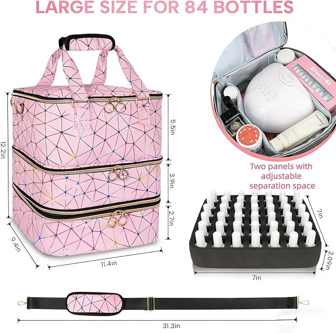 Nail Polish Organizer Bag Holds 84 Bottles & Nail Lamp, 3 Layers Nail Kit Storage Carrying Case Pu Leather, Large Nail Supplies Organizer With Shoulder Strap, Portable Travel Nail Bag,Pink - Image 4