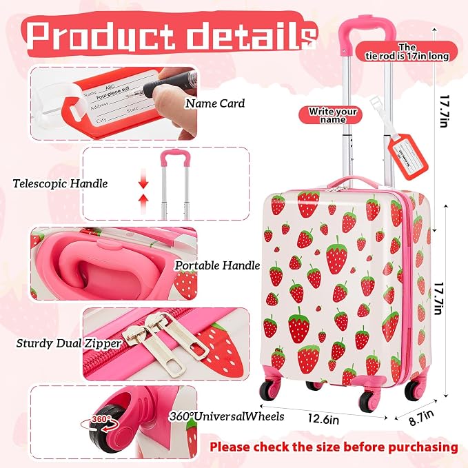 Redbaker 6 Pcs Kids Luggage Set, 17 Inch Rolling Suitcase with Backpack Lunch Bag Neck Pillow, Pink Strawberry Travel Set for Summer Vacation Sleepover Back to School Gift - Image 2