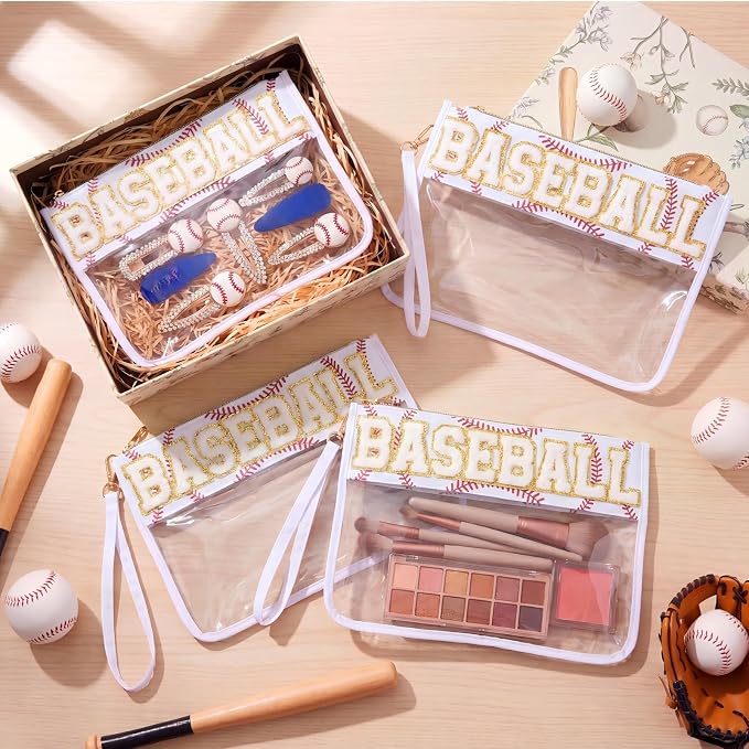 6 Pcs Baseball Gifts White Chenille Letter Makeup Bags Nylon Clear Cosmetic Bags Toiletry Zipper Pouch Travel Purse for Sports Women Party Holiday Favor - Image 5