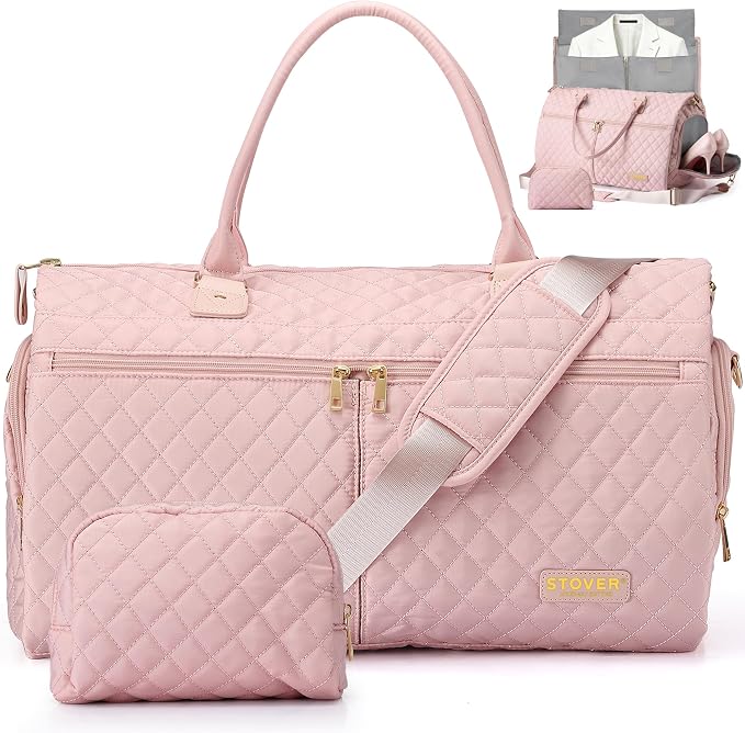STOVER Women’s Convertible Garment Duffel Bag for Travel – 2-in-1 Carry-On Weekender/Overnight Tote - Wrinkle-Free Dresses, Suits & Clothes + Shoe Compartment & Bonus Toiletry Bag (Blush Pink) by STOVER