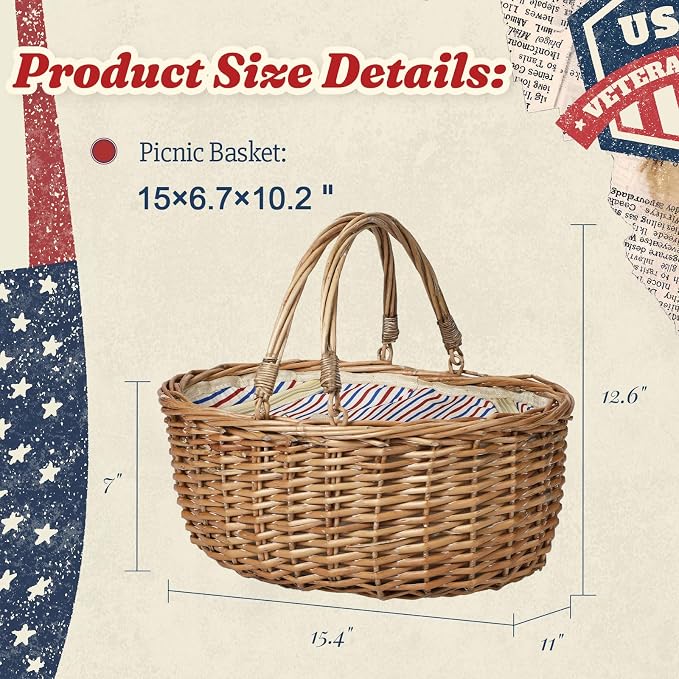 Wicker Picnic Basket with Insulated Lined Bag 15“ x 11” x 7“ Red, White,Blue Star Stripe Pattern, Iced Beer Insulated Bag for Camping, Picnics, Birthday Gifts, Wedding Gifts - Image 6