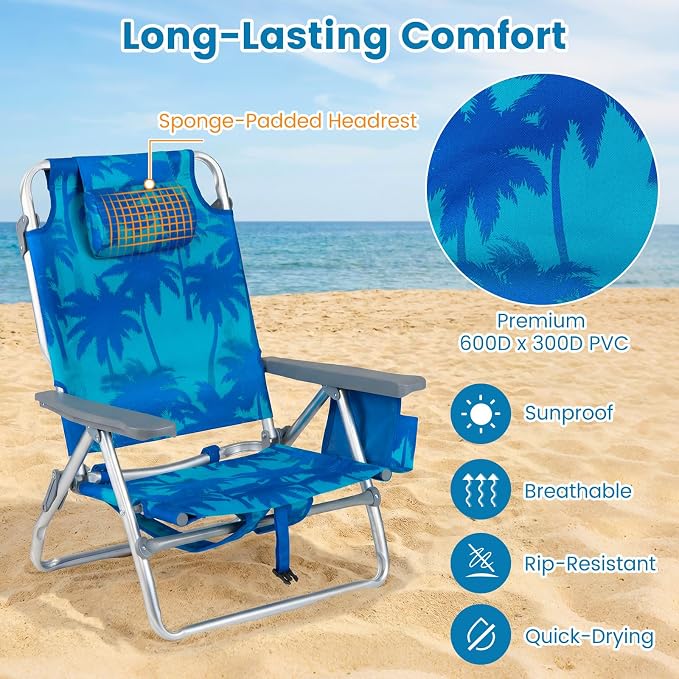 Giantex Folding Beach Chair, Patio Sling Chairs with 5 Adjustable Position, Head Pillow, Storage Bag, Towel Bar, Cup Holders, Backpack Chairs for Sunbathing, Camping Chair - Image 7