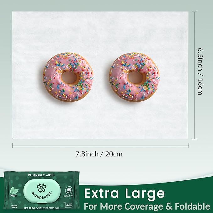 WONDERFUL Flushable Wipes, Mint 100% Plant-Based Wet Butt Wipe for Adults & Kids, Sewer Septic Safe, Gentle for Sensitive Skin, Wipes Flushable Pack for Bathroom & Travel, 6-Pack (360 Counts)