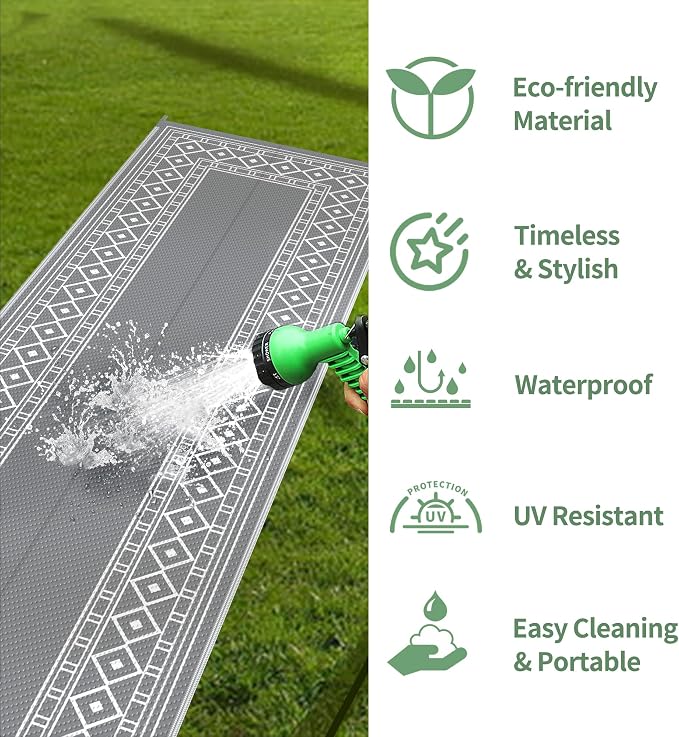 GENIMO Outdoor Rug, Waterproof Plastic Runner Rugs, 2.5'x8' Grey White | Outside Larger Modern Carpet Mat for Porch Decor, Deck, Balcony, Camping, RV, Backyard, Picnic, Beach, Reversible - Image 6