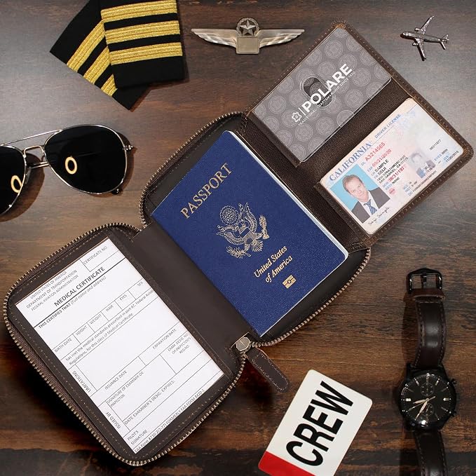 Polare Leather Pilot Wallet Passport Holder RFID Blocking Tri-fold Travel Cover Document Organizer for Aviation Professionals (Dark Brown(YKK Zipper Version)) - Image 2