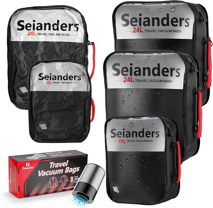 Vacuum Travel Bags with Pump for Car Camping & Backpacking - 6.0kPa Wireless Pump, Odor/Waterproof Anti-Rip Nylon Organizer & Space Saver (24L*2, 17L*1, 3-Pack) by Seianders