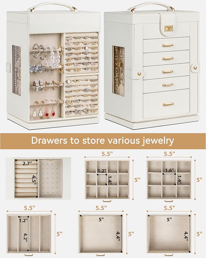 AKOZLIN 6-Tier Jewelry Box Organizer Functional 5 Drawers Leather Jewelry Storage Case for Women Girls Ring Necklace Earring Bracelet Holder Organizer with Mirror White 360° Rotating - Image 2