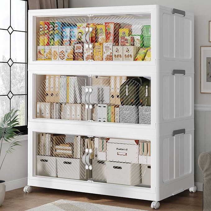 40Gal/120QT 3-Tiers Extra Large Stackable Storage Bins with Lid, Collapsible Cabinet Closet Organizer Plastic Container Box with Wheels Doors Drawers for Office Dorm Kitchen, White by Unknown