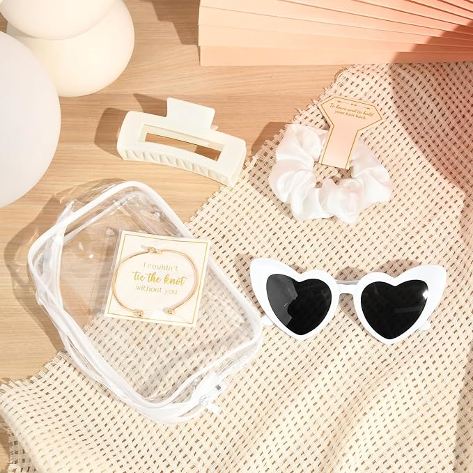 DEEKA 5 Pcs Bridesmaid Proposal Bag Set Gift Clear Makeup Toiletry Bag Bachelorette Party Favors Sunglasses Hair Claw Clips Scrunchies Knot Bracelets Bridal Wedding Party Gifts (White) - Image 7