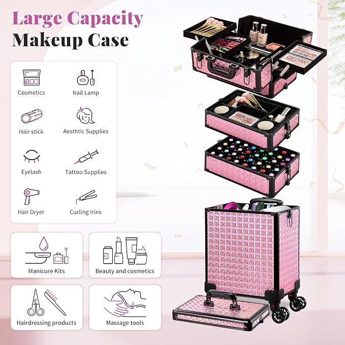AROUS 5 in 1 Rolling Makeup Train Case with Lid Cosmetology Case on Wheels | Large Cosmetic Trolley Organizer with Keys Salon Barber Case Traveling Cart Trunk for Artist Hairstylists Nail Tech, Pink - Image 4