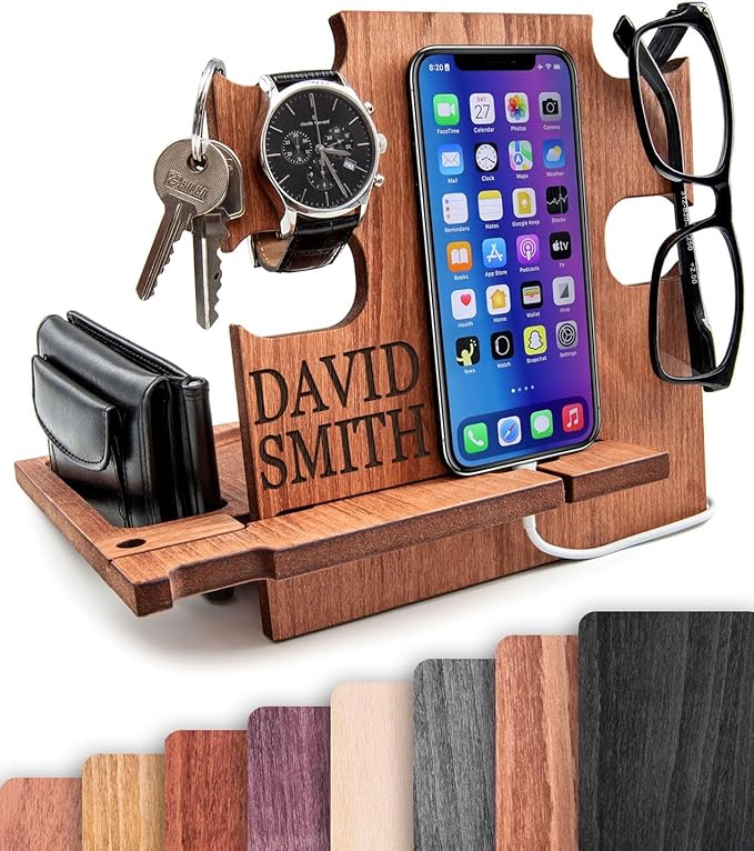 Greta Oto Gifts for Men, Personalized Wood Phone Docking Station for Men,Nightstand Organizer for Him, Phone Stand, Best Personalized Gift idea for Anniversary,Birthday,Graduation