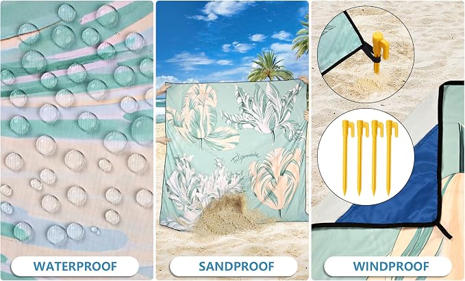 HIHOHO Beach Blanket Waterproof Sandproof Mat, Green Flower, 79"×83" | Quick Drying, Durable, For 1-8 Adults, Outdoor Picnic Beach Festival Travel Camping Hiking - Image 4