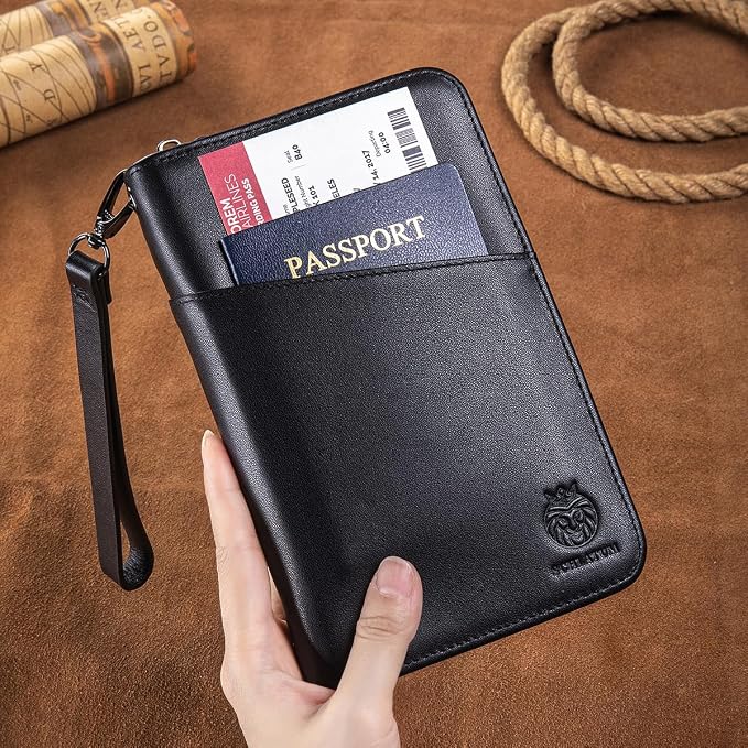Passport Holder for Travel Family with Strap Genuine Leather RFID Blocking Travel Document Organizer Wallet with Pen Holder, Black - Image 2