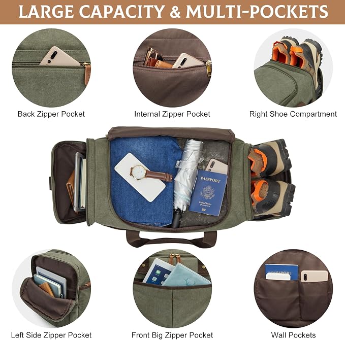 S-ZONE Large Canvas Travel Duffel Bag Weekend Overnight Bag with Shoes Compartment Holdall Gym Bag with Multi-Pockets for Men and Women, Army Green, X-Large | Water-resistant, X-Large Size, Multi-Pockets, Removable Shoulder Strap, for Gym or Travel, Ar... - Image 2