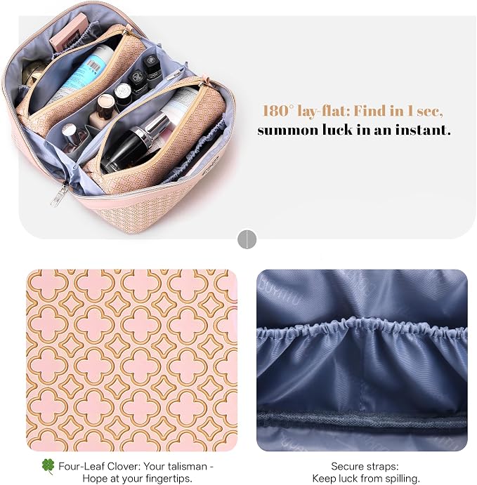 BOYATU Travel Makeup Bag for Women: Four Leaf Clover Large Capacity 3 Pcs Set Cosmetic Bags - Waterproof 50% Extra Space for Toiletry Organizer - Travel Essentials for Fortunate (03 Pink) - Image 6