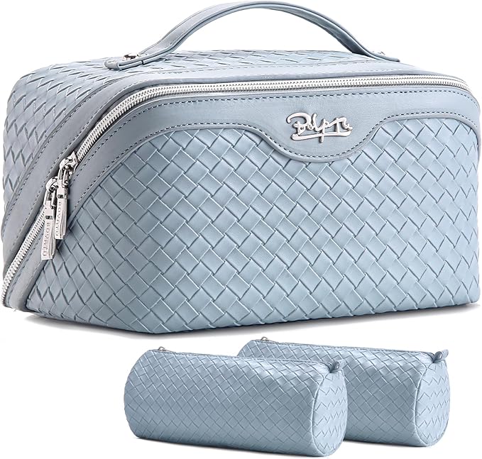 BOYATU Travel Makeup Bag Cosmetic Bags for Women: Large Capacity 3 Pcs Set Make up Bag with Compartments - Waterproof Vegan Leather Toiletry Organizer Bags with Handle (L04 Light Blue) by BOYATU