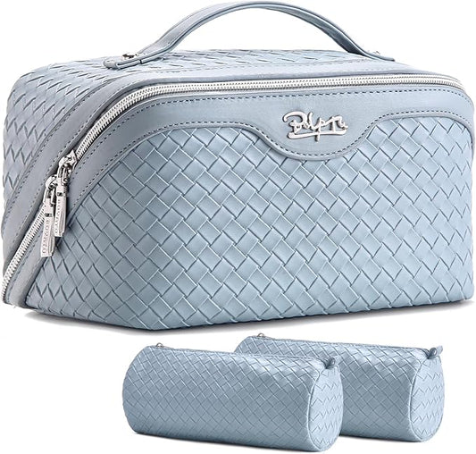 BOYATU Travel Makeup Bag Cosmetic Bags for Women: Large Capacity 3 Pcs Set Make up Bag with Compartments - Waterproof Vegan Leather Toiletry Organizer Bags with Handle (L04 Light Blue) by BOYATU