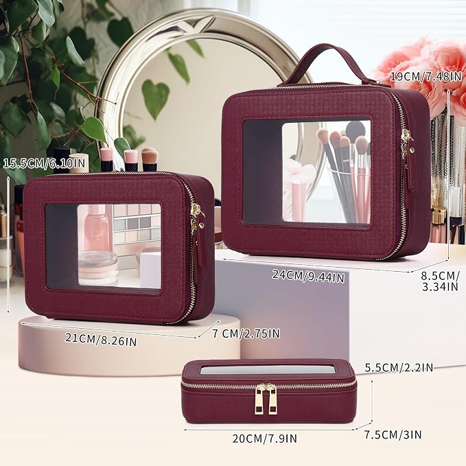 Pinkmik Clear Makeup Bag with Brush Bag 3pcs Waterproof Travel Case for Cosmetics and Toiletries Women's Makeup Organizer with Zipper (X/Burgundy, L+M+SLIM) - Image 2