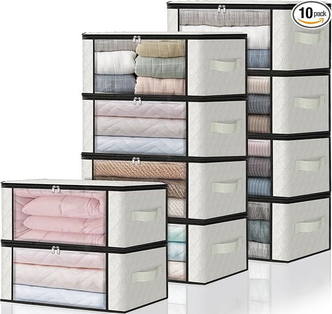 HomeHacks Storage 10-Pack Clothes Organizer Storage Bags Foldable Storage Box with Large Clear Window Sturdy Handles for Closet, Dorm, Pillows, Bedding, Clothes, Blankets, 35L, Ivory by HomeHacks