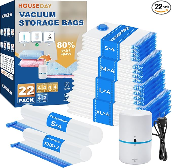 HOUSE DAY 22 Pack Vacuum Seal Bags For Clothing Travel, 80% Space Saving Travel Vacuum Bags with Electric Pump, Vacuum Storage Bags For Clothes, Comforters, Blankets, Moving, Storage & Organization by HOUSEDAY